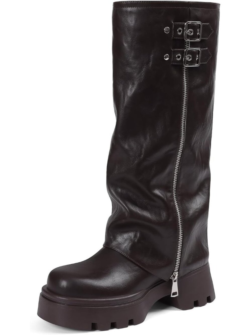 Women's Brown Faux Leather Chunky Heel Side Zipper, Metal Buckles Knee High Boot